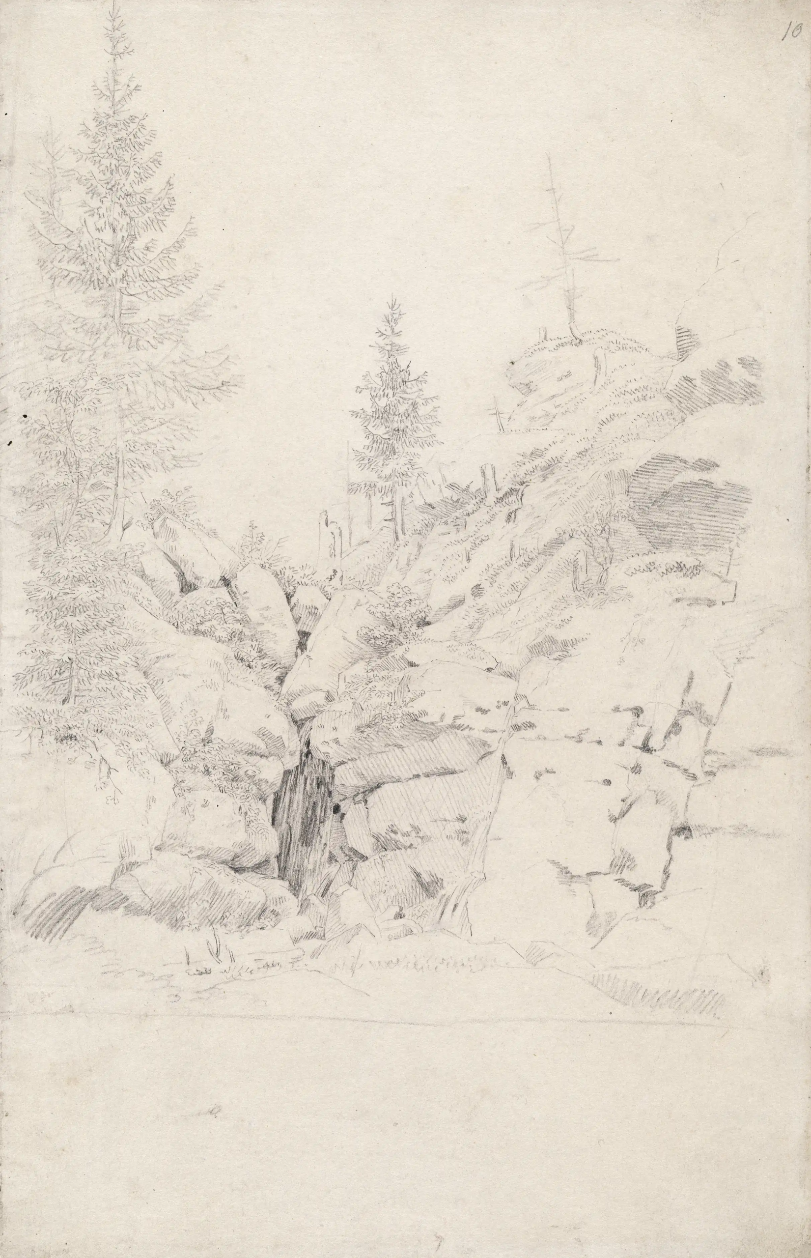 Zeichnung von Caspar David Friedrich mit dem Titel „Amselfall bei Rathen“, geschaffen um 1799.