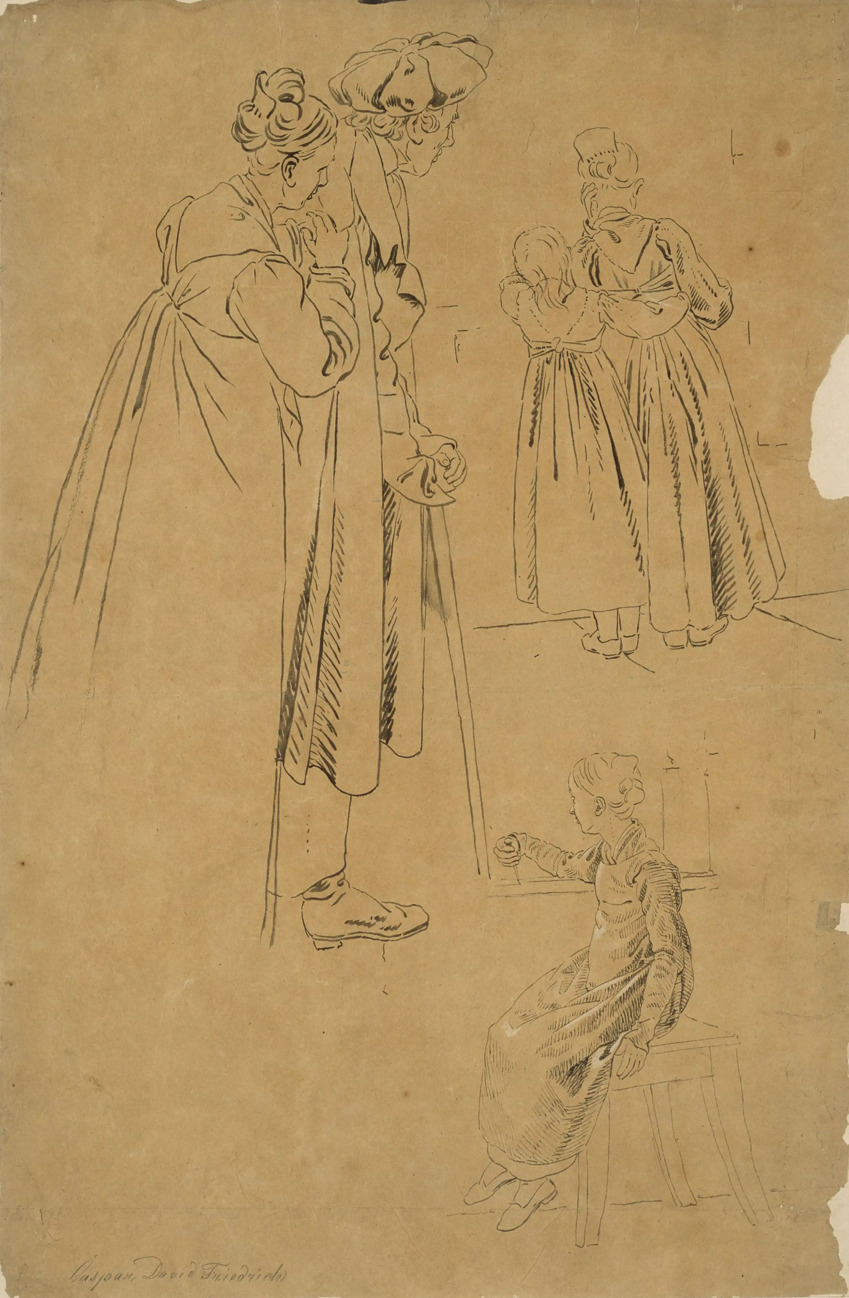 Zeichnung von Caspar David Friedrich mit dem Titel „Herr am Stock und Dame, zwei Mädchen. Studien zu den Gemälden Friedhofseingang, Abendstunde und Mädchen am Fenster“, geschaffen um 1825.