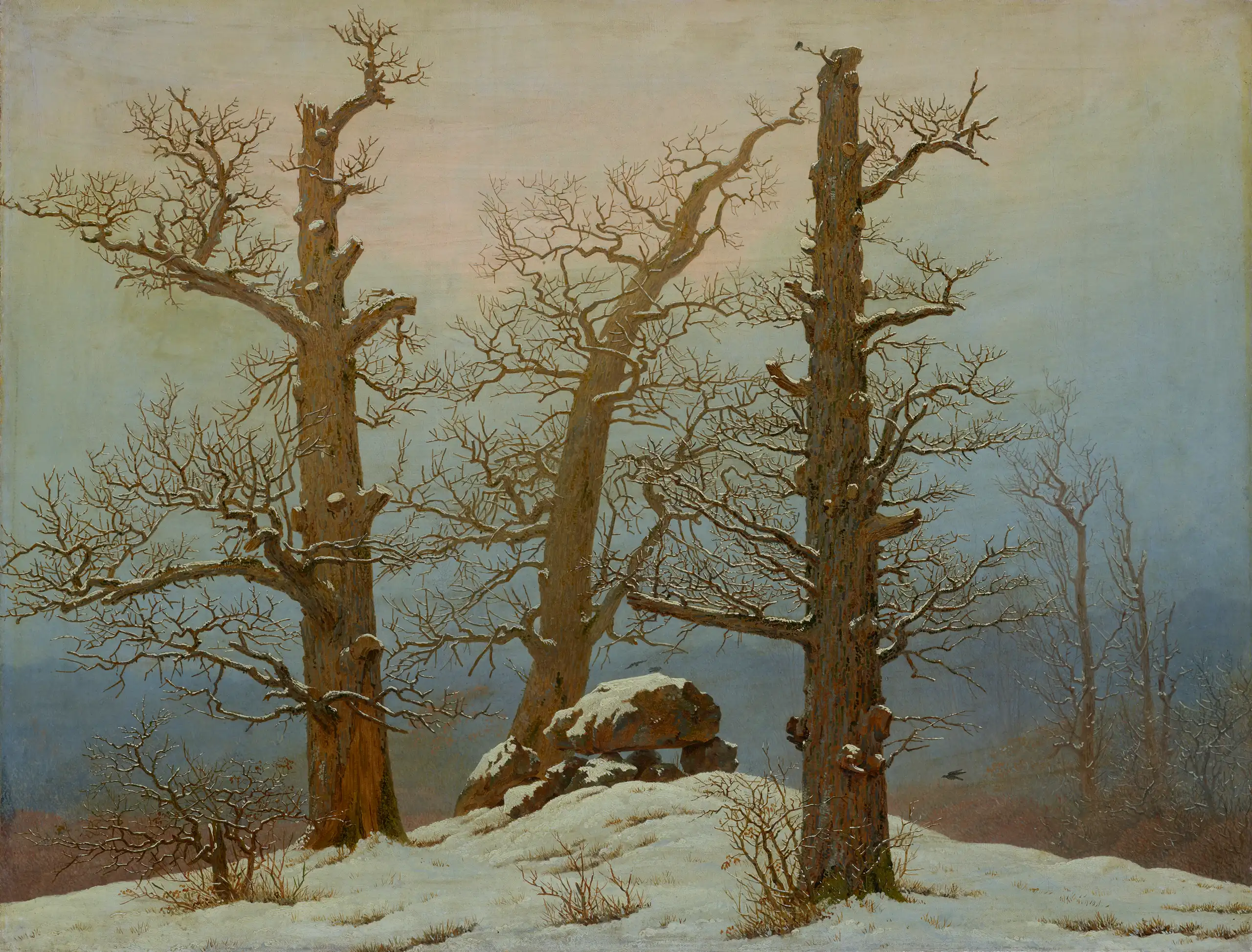 Gemälde von Caspar David Friedrich mit dem Titel „Hünengrab im Schnee“, geschaffen im Jahr 1807.