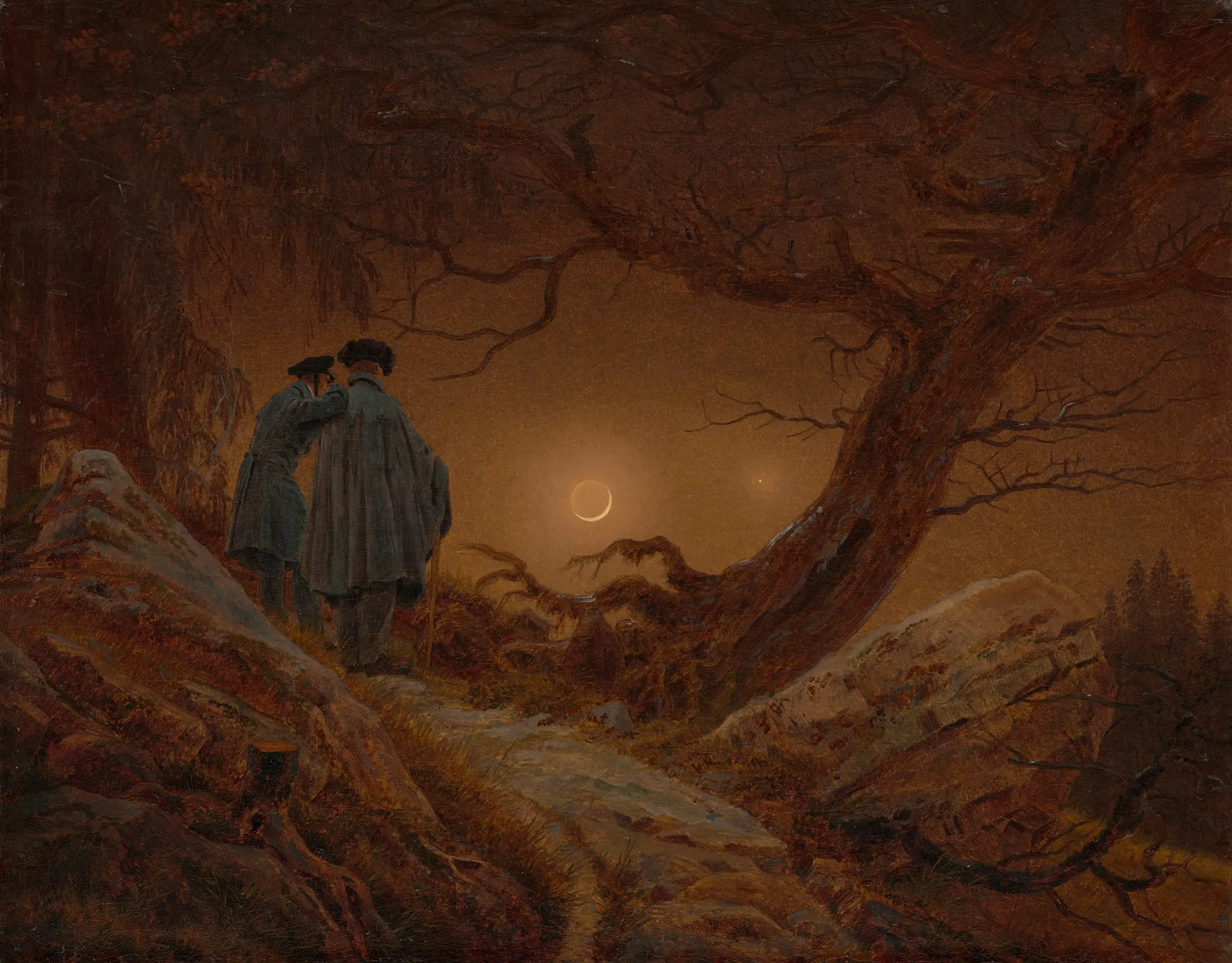 Gemälde von Caspar David Friedrich mit dem Titel „Zwei Männer in Betrachtung des Mondes“, geschaffen 1819/1820.