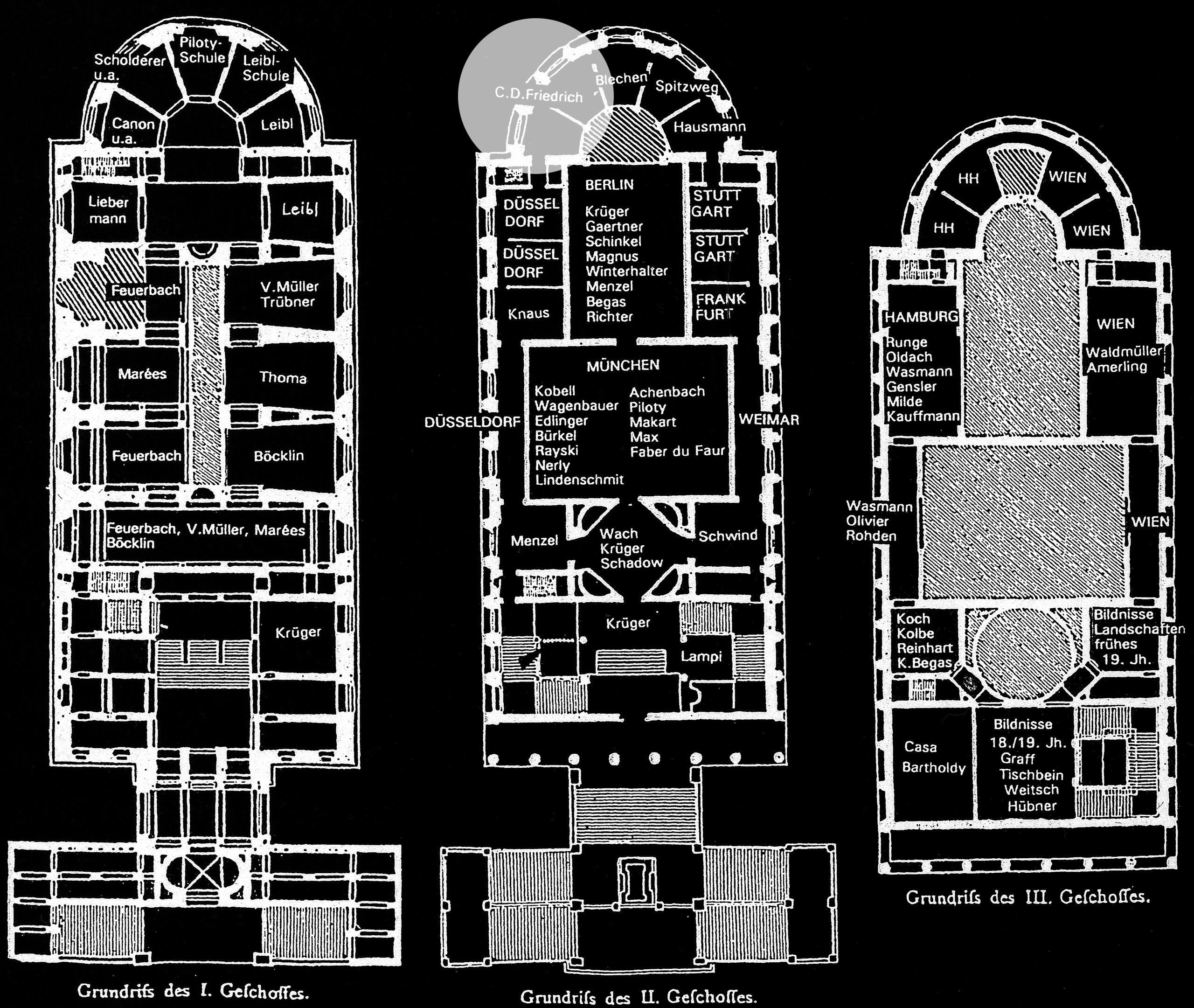 Grundriss der Nationalgalerie mit Raumplan der Deutschen Jahrhundertausstellung 1906. Caspar David Friedrich waren zwei Apsiden am Ende des Rundganges in der zweiten Etage gewidmet.